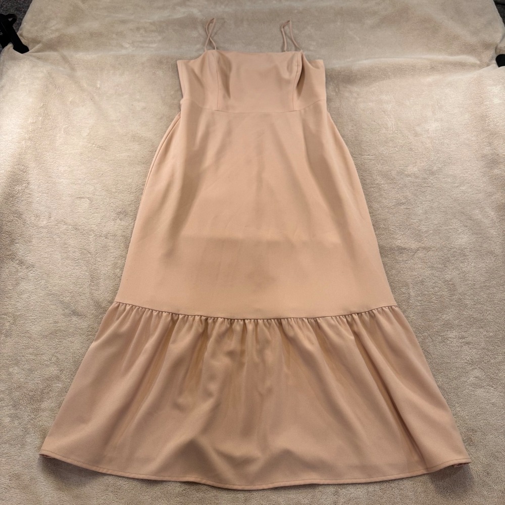 Neutral Blush Midi Dress Quiet Luxury Old Money Minimalist Wedding Guest SZ L - Picture 6 of 12